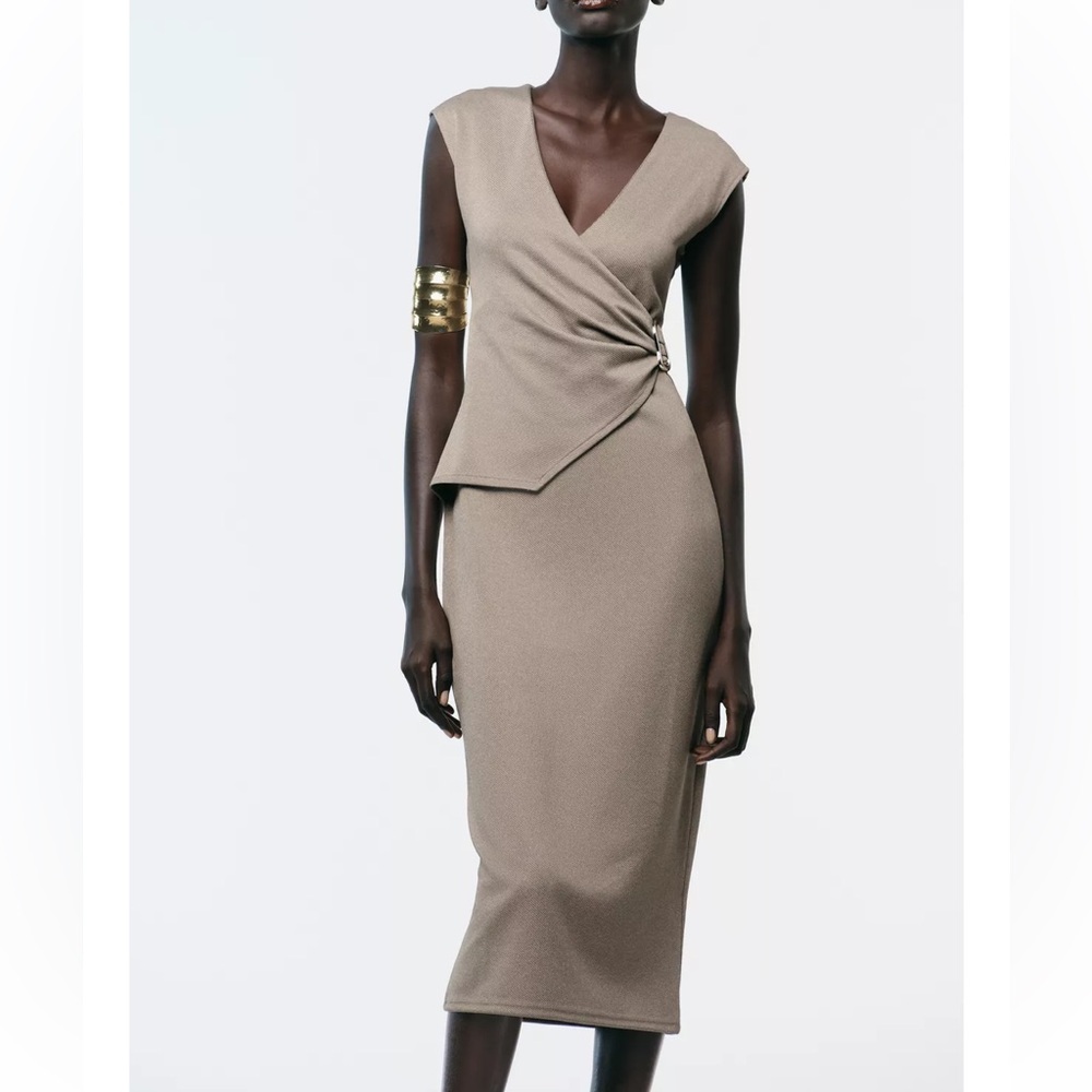 Zara NWT taupe beige tan wrap gold appliqué v neck midi dress - Picture 5 of 10